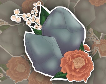 Cottagecore kristallen sticker | Cottagecore esthetische sticker | Lilly van de Vallei Sticker | Goudsbloem Sticker | Donkere kristallen sticker