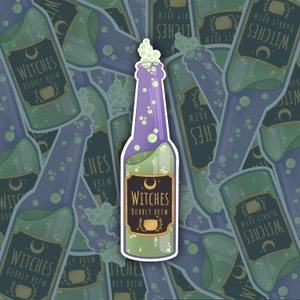 May include: A sticker featuring a bottle of "Witches Bubbly Brew." The bottle is purple and green with a label that includes a crescent moon and cauldron. Bubbles and foam emanate from the top of the bottle, with a background of similar bottles.