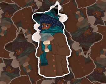 Winter Heks Sticker | Gebundelde heksensticker | Koffie Heks Sticker | Cozy Witch Sticker Heks sticker