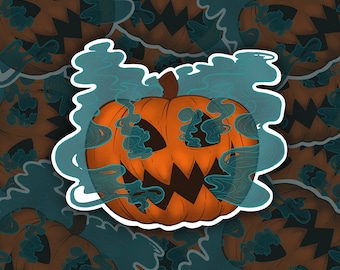 Spooky Jack-O-Lantern Sticker | Rokerige pompoensticker | Pompoensticker | Halloween-sticker | Seizoenssticker | Spookachtige seizoenssticker