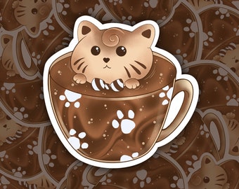 Kitty Cacao Sticker | Hete cacaosticker | Sticker met warme chocolademelk | Koffie Mokka Sticker | Koffie Schuim Art Sticker | Mok Sticker | Kitty Pootjes