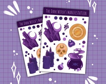May include: Two sticker sheets with a purple witchy theme. Each sheet features illustrations of crystals, candles, a skull, a cauldron, and the text "THE DARK WITCH'S MANIFESTATION". The background is a purple grid.