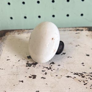 May include: A white, oval-shaped ceramic knob with a small, black, round knob next to it. The knobs are on a distressed, off-white metal surface with brown spots. The background is a light green pegboard with black dots.