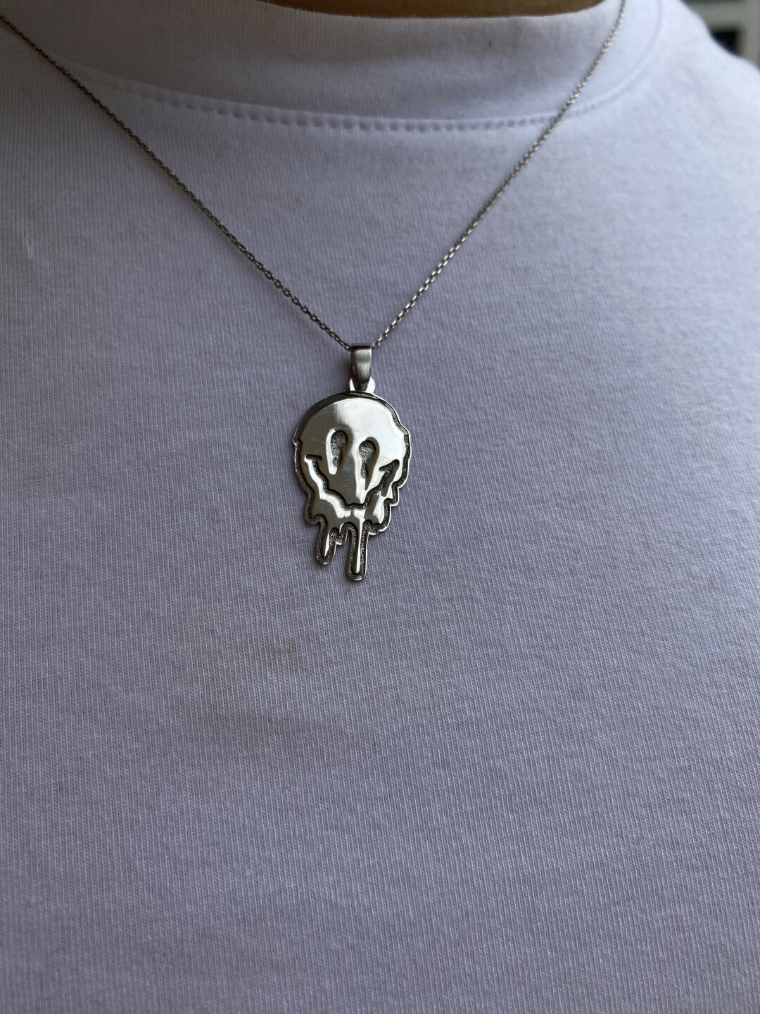 925 Silver Drippy Smile Necklace, Smiley Face Necklace for Man