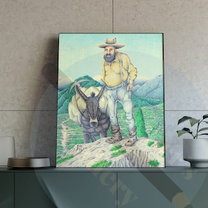 May include: Framed art print depicting a man in a yellow shirt and hat standing next to a donkey on a mountain. The artwork features a detailed illustration style with a landscape background in shades of green and blue.
