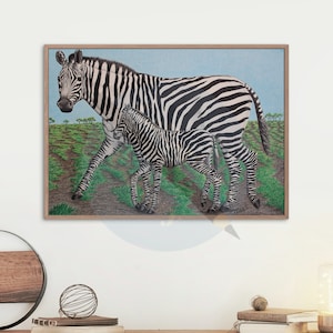 Zebra Mom &Baby, Arte de pared colgante con lápiz de color, Impresión digital, Impresión en casa