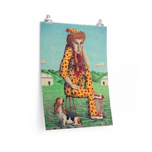 Clown and Her Hound, Basset Hound and Circus Clown, Hand drawn Color Pencil Drawing, Premium Matte vertical posters