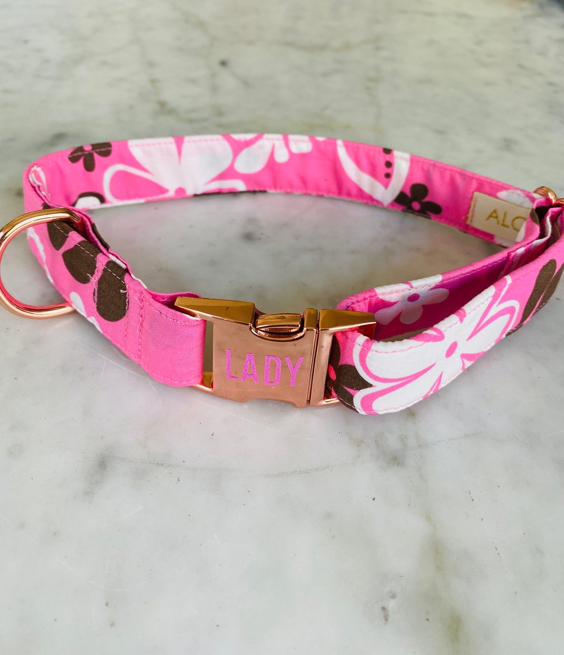 Pink Hawaiian Print Dog Collar 100 Cotton Rose Gold Metal Etsy