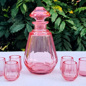 Art Deco Rose Liquor Set, Decanter And Six Glasses, Crystal, Polished, Bohemia, Karl Palda