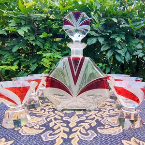 Rare Massive Art Deco Crystal Decanter Set, Liquor Set, Cut To Clear, Bohemia c.1930, Haida, Enameled, Engraved, Karl Palda