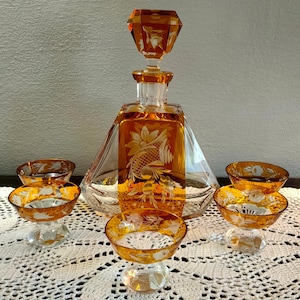 Rare Art Deco Crystal Decanter Set, Liquor Set, Cut To Clear, Glazed, Bohemia, Engraved Floral Patterns