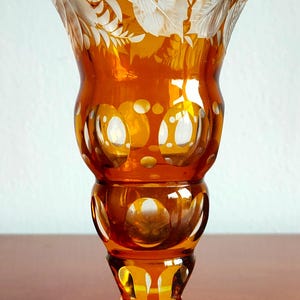 Amber Engraved Glass Vase, Goblet, Cut to Clear, Polished, Crystal, Bohemia c.1930