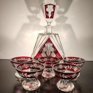 Rare Art Deco Crystal Decanter Set, Liquor Set, Cut To Clear, Glazed, Bohemia, Engraved Floral Patterns