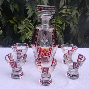 Rare Antique Art Deco Crystal Decanter Set, Liquor Set, Cut To Clear, Bohemia c.1920, Haida, Enameled, Engraved Patterns, Karl Palda