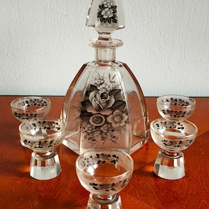Rare Art Deco Decanter Set, Liquor Set, Johann Oertel, Bohemia, Haida, Crystal Glass, Cut Glass, Painted Floral Patterns, Schwarzlotmalarei