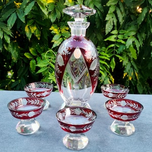 Rare Art Deco Crystal Decanter Set, Marked Carl Wunsch, Liquor Set, Cut To Clear, Glazed, Bohemia, Engraved Floral Patterns