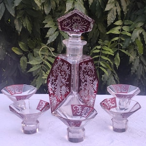 Rare Antique Art Deco Crystal Decanter Set, Liquor Set, Cut To Clear, Bohemia, Haida, Engraved Floral Patterns, Karl Palda
