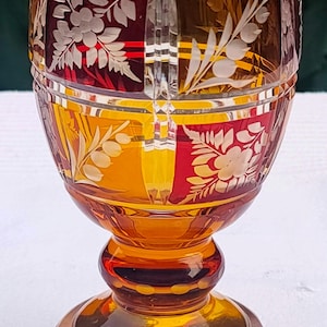 Amber/Rubyred Cut to Clear Glass Goblet by Karl Palda, Hand Cut Crystal,  Bohemia, Art Glass, Engraved Patterns