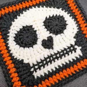 Può includere: Un quadrato all'uncinetto con un disegno a teschio. Il teschio è bianco con orbite nere e bocca nera. Lo sfondo è nero con un bordo arancione. Articolo fatto a mano, perfetto per Halloween.