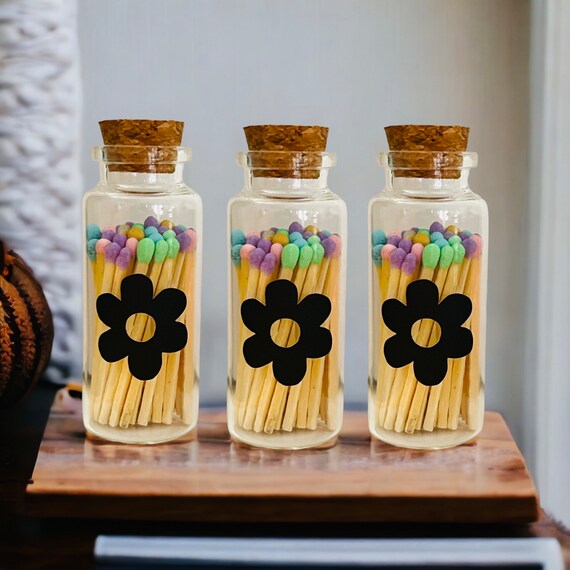 Spring Colored Tip Matches in glass jar with cork top, spring colored  matches, easter decor, Flower shaped match striker on front of Vial.