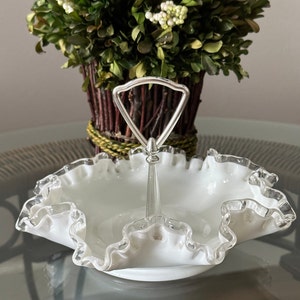 Vintage Fenton MilkGlass White Silver Crest Ruffled Rim Handled Candy Dish Bowl