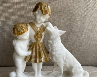 Parian Ware French Biscuit Porcelain Antique Girl, Dog & Boy Figurine -BONS AMIS