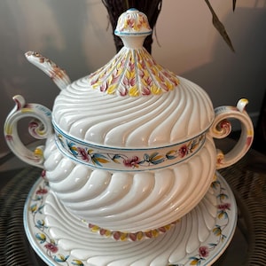 Italian Majolica Tureen, Ladle & Platter Hand Painted Classical Floral Motifs Buffet Decor Rococo Styling