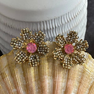 Flower Seed Beaded Cluster Handmade Clip Earrings 1930&#39;s