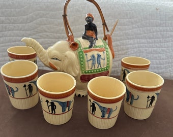 Vintage Elefant mit Reiter Keramik Teekanne mit 6 Tassen hergestellt in Japan.