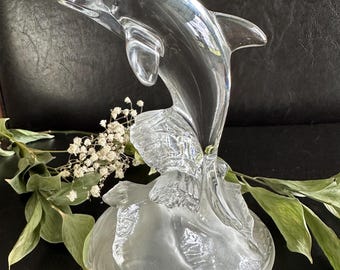 Vintage Cristal D'Arques Dolphin Sculpture: Clear Frosted Crystal Marine Statue (1980s)