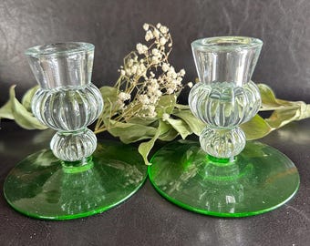 Vintage Imperial Glass Double Bubble Candle Holders Green Base Heisey Mold Style Candlesticks Set of 2 Art Glass Decor 1950s