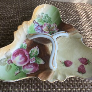 Porcelain Hand Painted Triangle Handle Vintage Fruit/Candy Dish &quot; Fruit Pattern&quot;