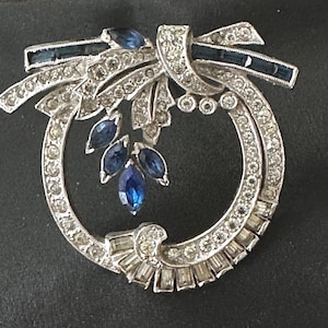 Art Deco Staret Rhodium Plated Floral Spray Sapphire Blue Crystals Rhinestone  Brooch Pin 1930&#39;s