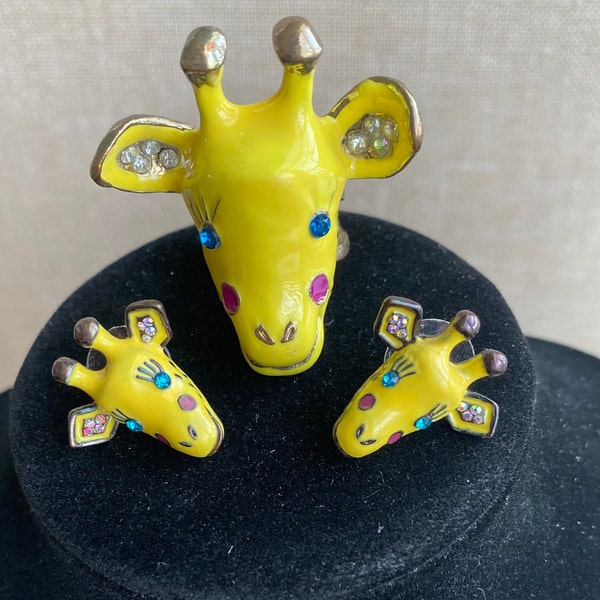 Betsy Johnson Rare Vintage Yellow Enamel and Rhinestone Giraffe Ring and Earring Set