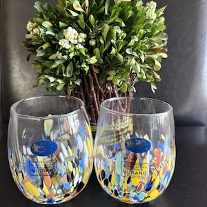 Äkta italienska vinglas utan fot | White Cristal 47 cl handgjord konfetti, set om 2 | Murano-teknik NWT