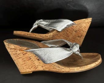 Gianni Bini Brand 3 1/2 Cork Wedge Silver Strap Slip on Sandles