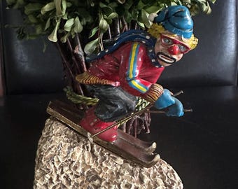 Vintage Ron Lee-clownskiërbeeldje uit de jaren 80 | Jacque Downhill Racer | 24K vergulde ski's VS
