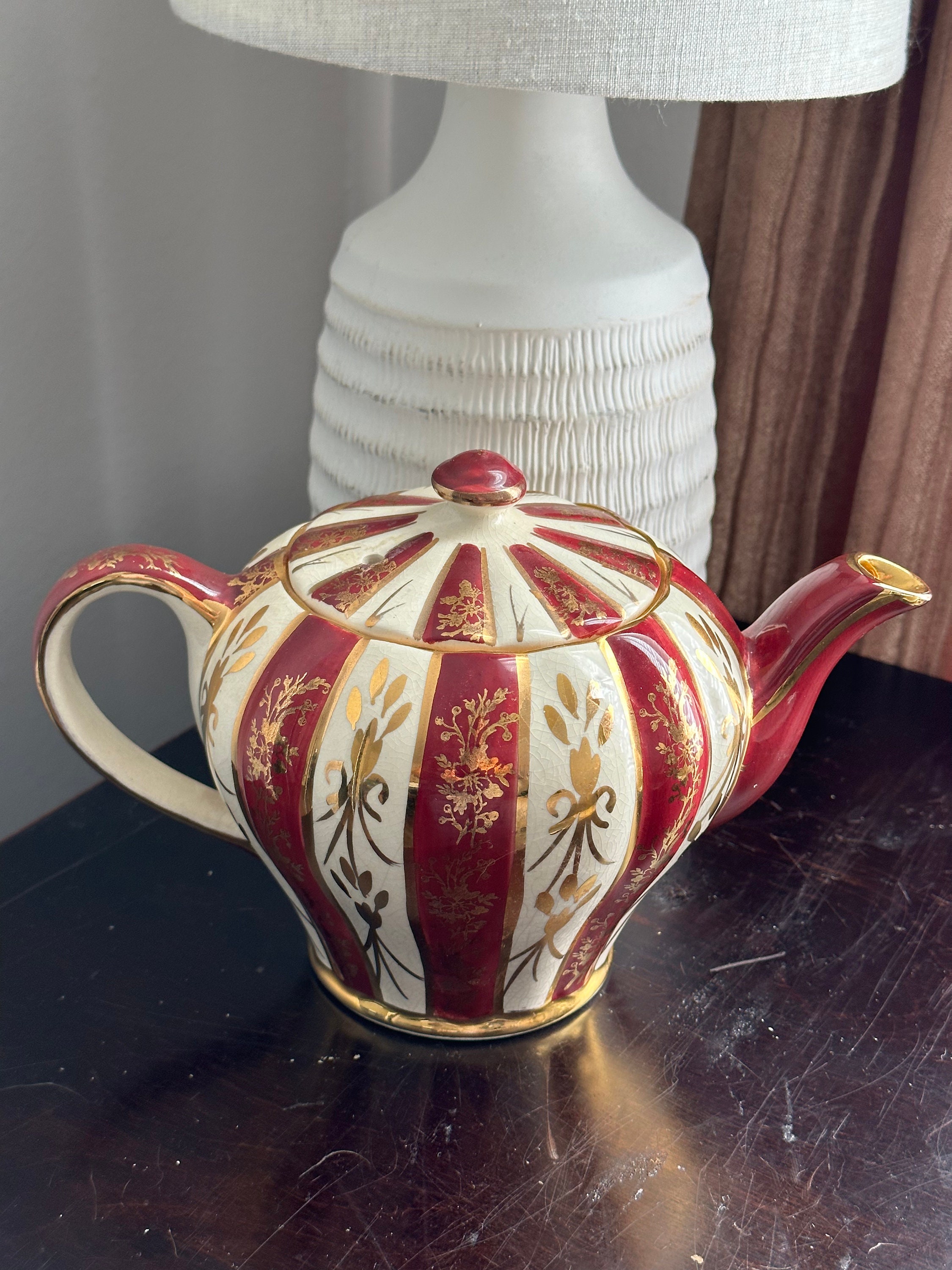 Sudlows Burslem Burgundy Red and Gold Teapot Made in England Antique