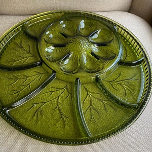 Vintage 13&quot; Olive Green Indiana Glass Tree of Life deviled egg relish Tray
