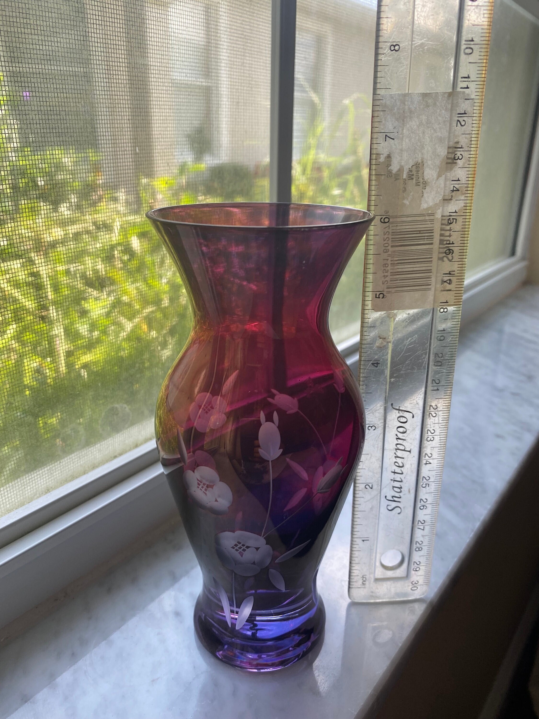 アメジストアートガラスエッチングフラワーデザイン6インチ