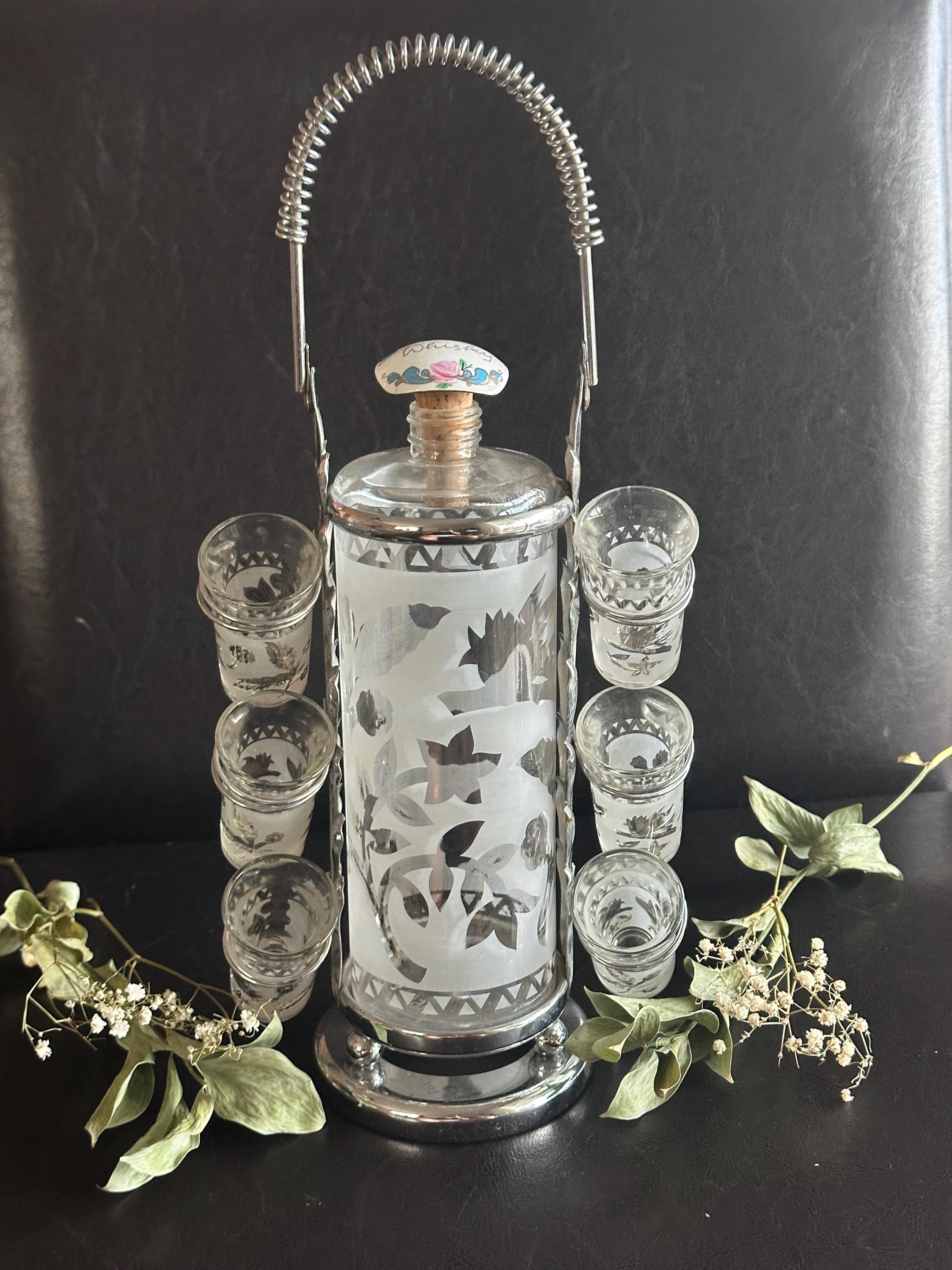 Vintage 1940s Glenshaw Frosted Glass Decanter Set, Silver Birds