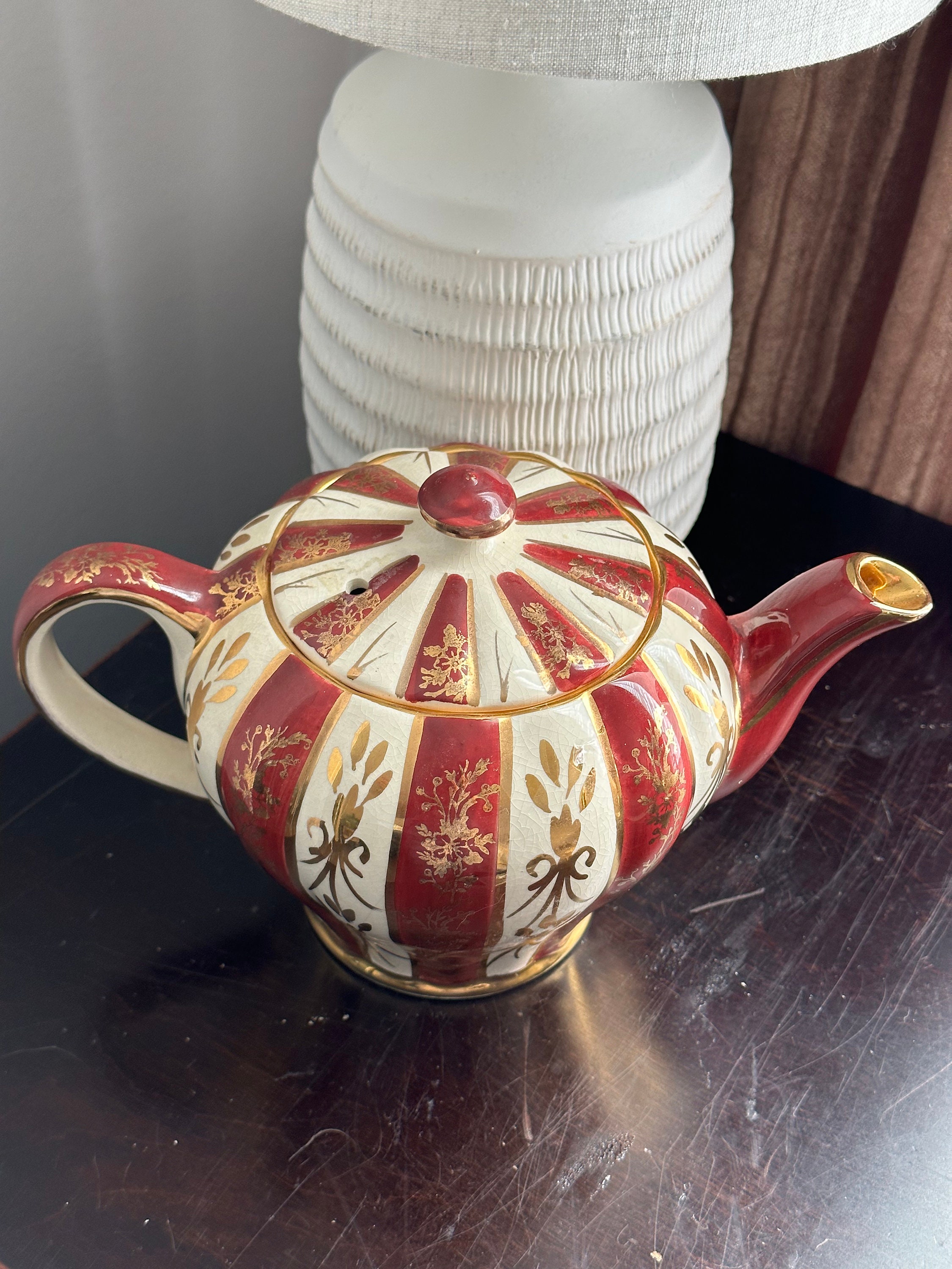 Sudlows Burslem Burgundy Red and Gold Teapot Made in England Antique