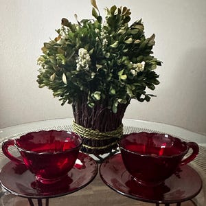May include: Two ruby red glass teacups and saucers with scalloped edges. A decorative floral arrangement in a brown twig pot with green and white accents sits between the teacups. The teacups and saucers are on a glass table.
