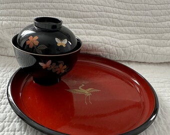 Vintage Hanae Mori Chiki Chic Lacquerware Bowl Set and Platter