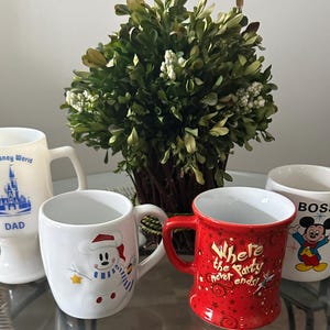 Vintage Disney Coffee/Tea/Coco Mugs Party with Tinker Bell, Dad, Boss & Winter Set of 4
