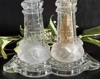 Lenox  Crystal Lighthouse Salt and Pepper Shaker Set with Glass Tray - Germany cira 2000-2009
