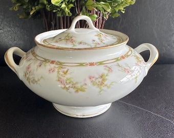Haviland Limoges France Lidded Sugar Bowl Pink Roses, Green Garland & Gold Trim Schleiger #346 c.1903yr.