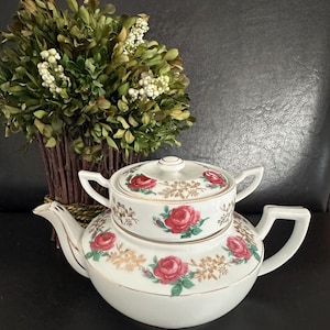 Stackable Porcelain Tea Pot and Sugar set Floral & Gold Motif Vintage Japan