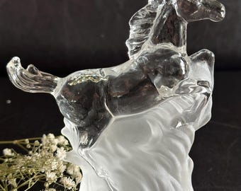 Clear Art Glass Galloping Horse Statuette | Equestrian Decor | Frosted Base Paperweight
