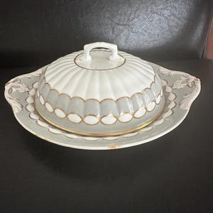 Richard Hawkins Crystal Palace and Brighton Covered Dessert Porcelain Dish | Dove Grey, Cream & Gold  Antique English Fine Porcelain